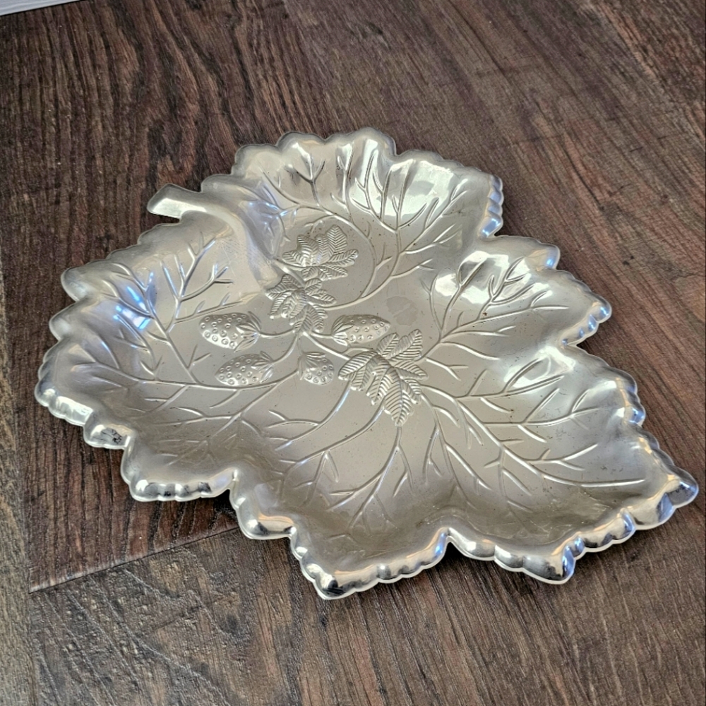 Vintage Silver Plate Strawberry Leaf Shaped  Decorative Tray